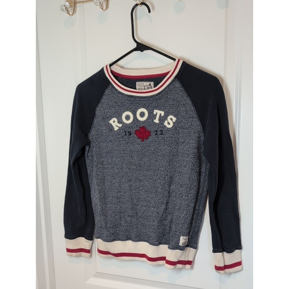 Roots Navy and Heathered Navy Crewneck with Red Maple Accent